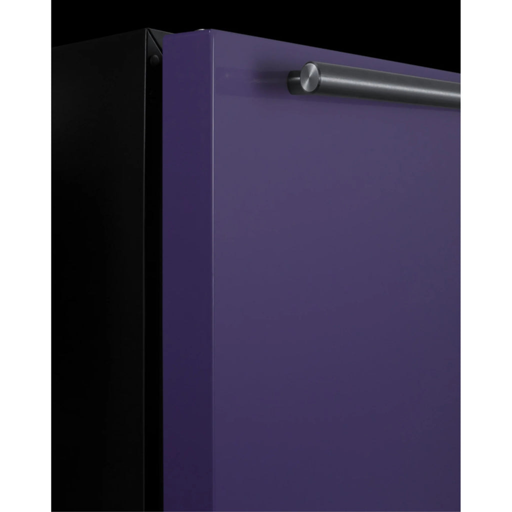 Undercounter 24" all-refrigerator for residential use with lavender purple door, stainless steel handle, and black cabinet