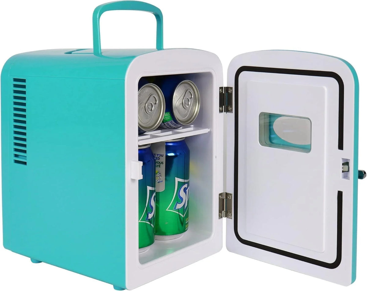 Mini Fridge - Refrigerator for Bedroom Office, Portable Table Top Beverage Cooler, 12V 110V Refrigerador For Drinks, Soda, Wine, Use In Car, Dorm, Outdoor, Patio, 6 Can