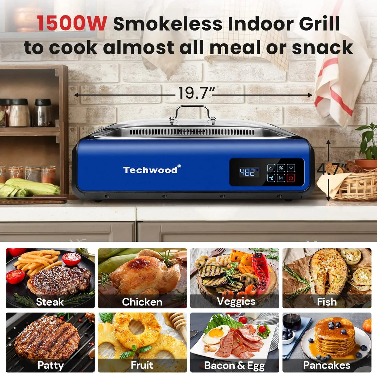 Techwood Indoor Smokeless Grill, 1500W, Black, Electric Portable Korean BBQ Grill with Tempered Glass Lid