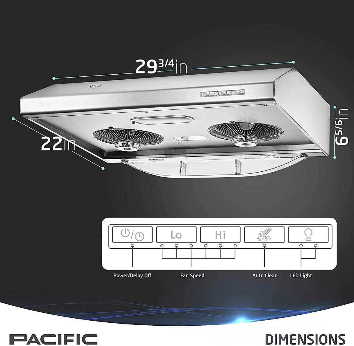 Pacific Kitchen Vent Hood AC3000BS �C 30 Inch Under Cabinet Range Hood �C Filterless Modern Stainless Steel Hood Vent with 900 CFM Suction, Dual Fans, LED Touch Controls and Auto-Clean Function