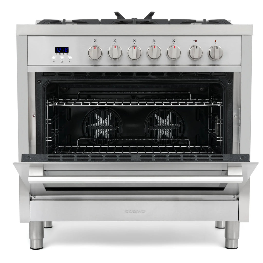 Cosmo 4 Piece Kitchen Appliance Package with 36" Freestanding Dual Fuel Range 36" Island Range Hood 24" Built-in Integrated Dishwasher & French Door Refrigerator Kitchen Appliance Bundles