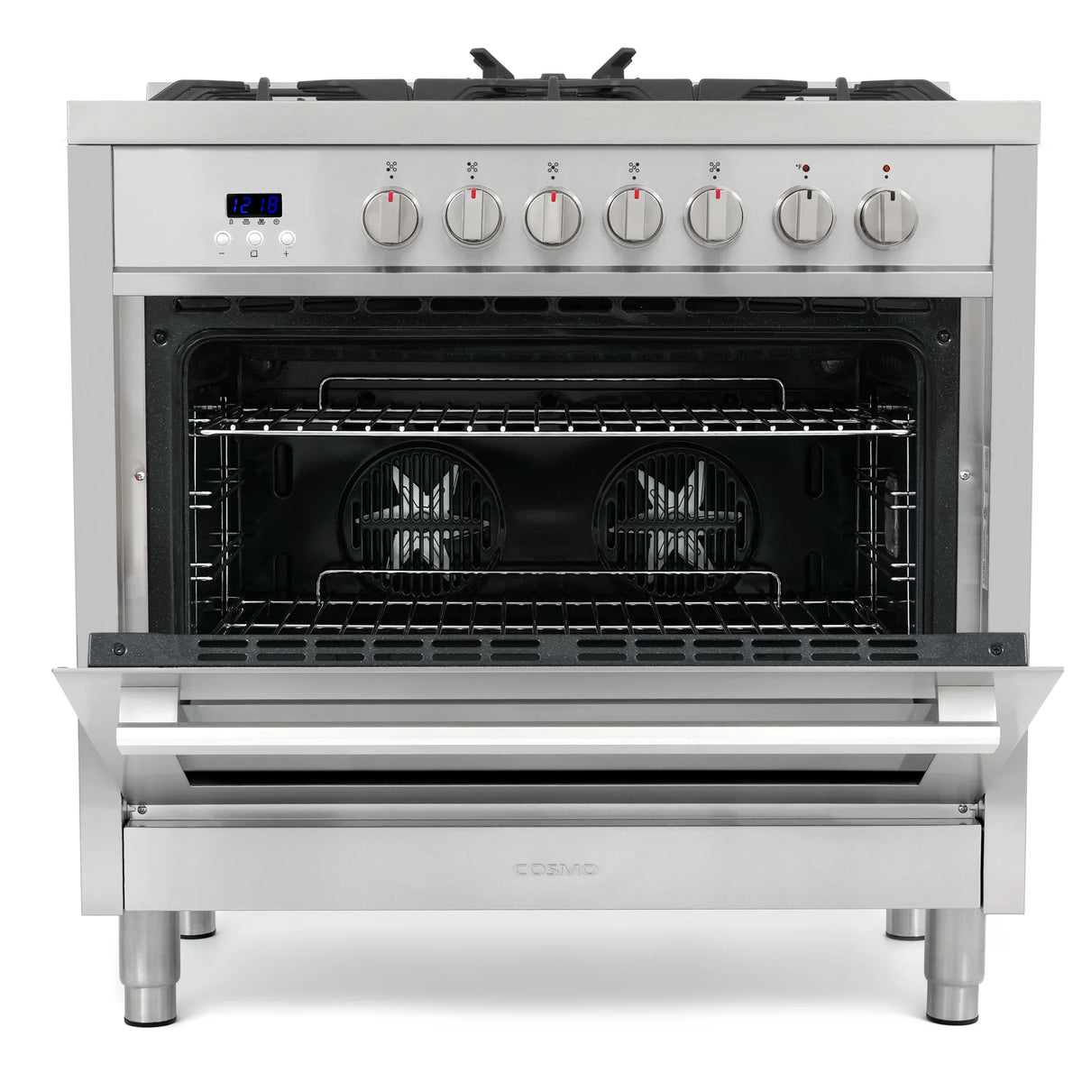 Cosmo 4 Piece Kitchen Appliance Package with 36" Freestanding Dual Fuel Range 36" Island Range Hood 24" Built-in Integrated Dishwasher & French Door Refrigerator Kitchen Appliance Bundles