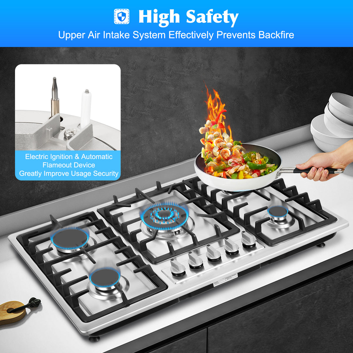 Stainless Steel 5-Burner Stove, Top Built-In Gas Propane Cooktop Stove for Restaurants