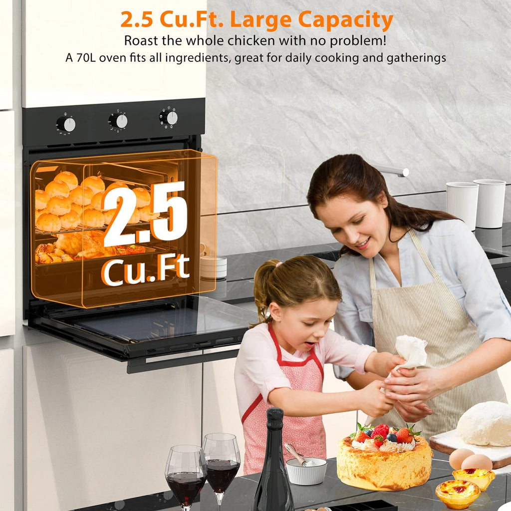 Aoile 24" Built-in Single Wall Convection Oven with 2.5 Cu.Ft. Capacity, 3000W Electric Oven with 7 Cooking Modes, Mechanical Knobs Control