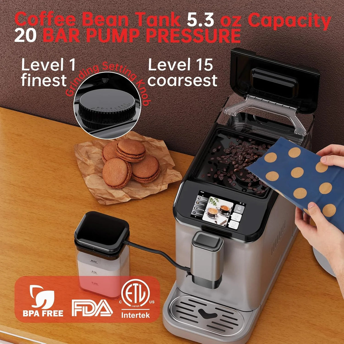 Full Automatic Espresso Machine with Built-In Grinder & Milk Frother - FTF Touchscreen Coffee Maker for Latte/Cappuccino, 20 Bar Pressur & 1.5L Water Tank, 1350W, Grey