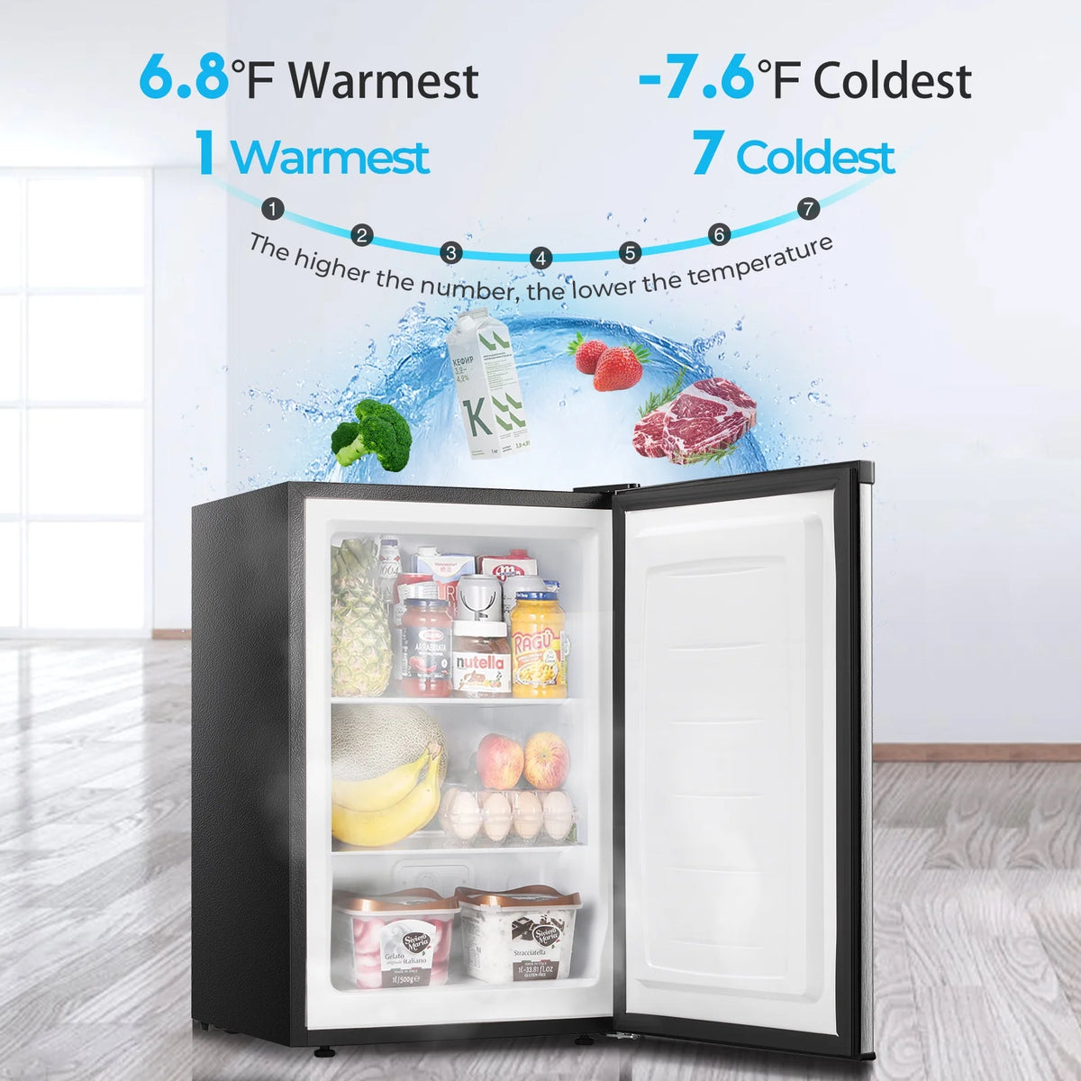 WAA 3.0 Cu.ft Small Freezer, Mini Upright Freezer with Adjustable Thermostat, Removable Shelves, Reversible Single Door, for Bedroom/Home/Dorms/Apartment, Silver
