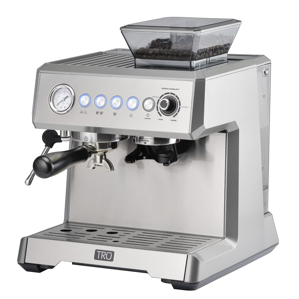 TRU All-in-One Espresso Maker with Grinder & Steam Wand - Premium Espresso Machine with Built-In Coffee Grinder - 15 Bar Pressure Pump - Adjustable Steam Controls & Cup Warmer