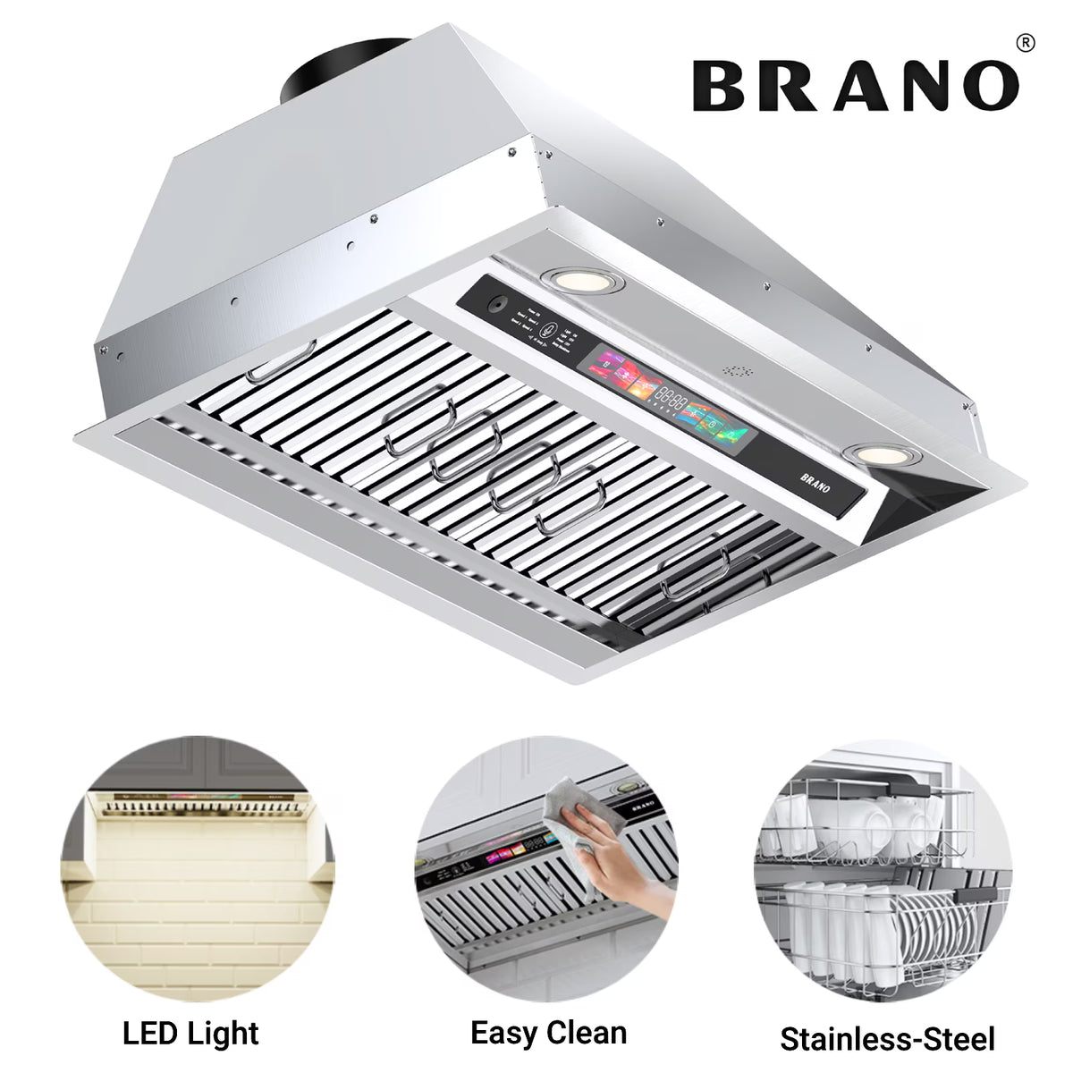 Brano 36-Inch Built-in Range Hood Insert , Voice/Gesture/Touch Control, 900 CFM, 4-Speed, Ducted/Ductless, Adjustable Lights