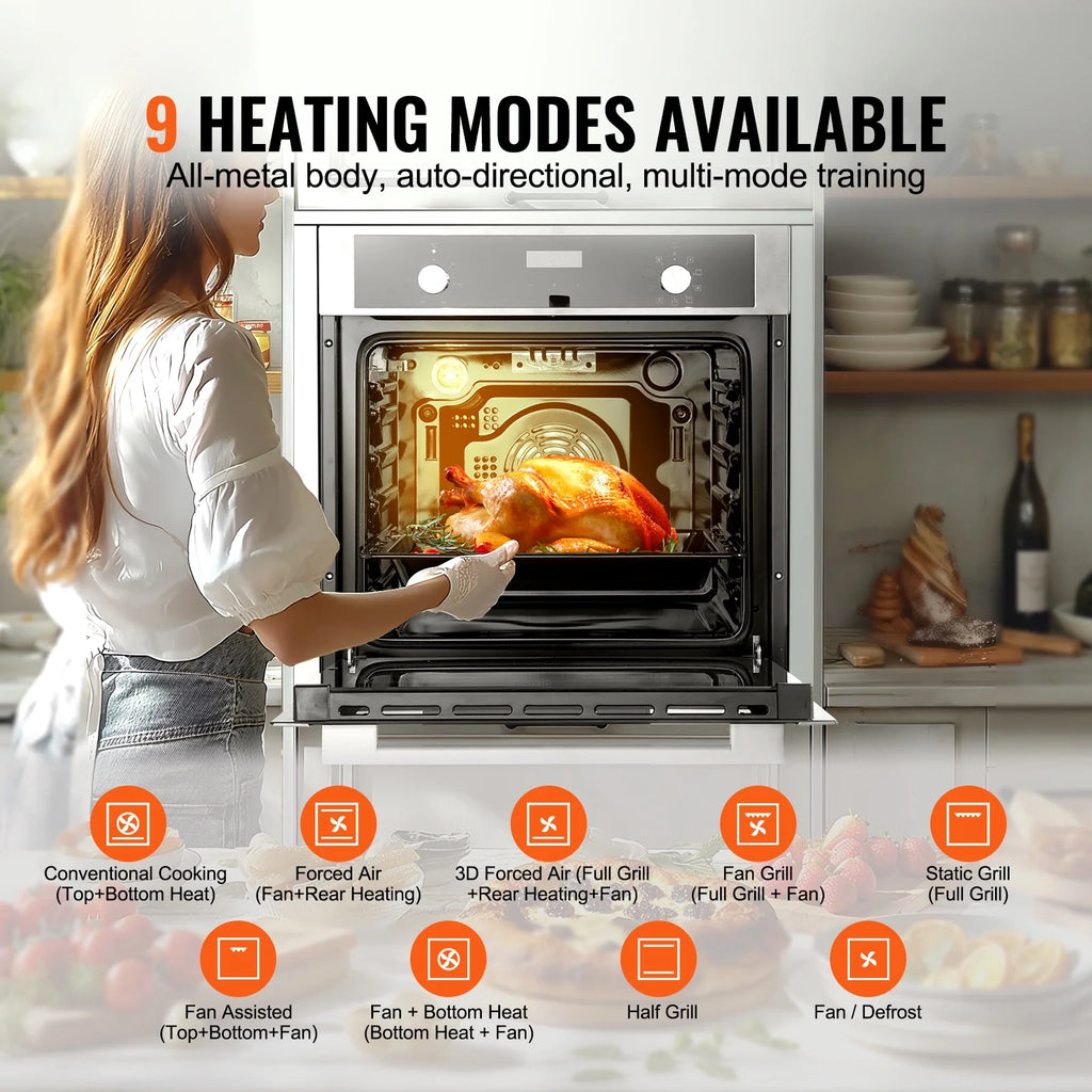KFFKFF Solo Wall Oven, 24" Electric Integrated Wall Oven featuring 9 Culinary Modes, 2.68 Cu.Ft Electric Wall Ovens equipped with Timer, 2800W Electric Oven including Baking Rack and Tray