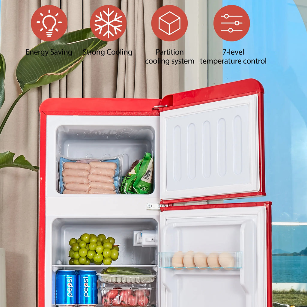 Harper & Bright Designs Double Door Mini Fridge with Freezer, 3.2 Cu.Ft Compact Refrigerator with Adjustable Shelf, Adjustable Thermostat and Reversible Door for Bedroom, Dorm, Home Office, White