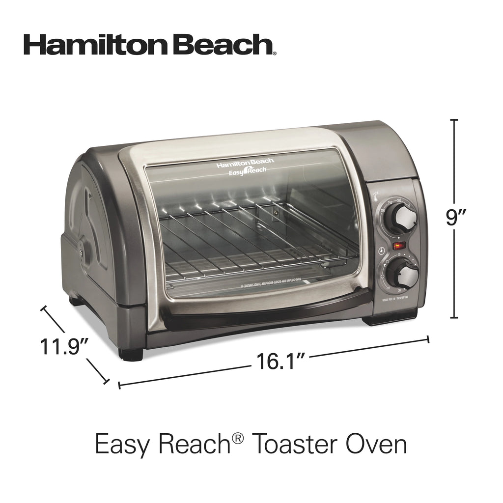Hamilton Beach 4 Slice Countertop Toaster Oven with Easy Reach Roll-Top Door, Bake, Broil & Toast Functions, Silver
