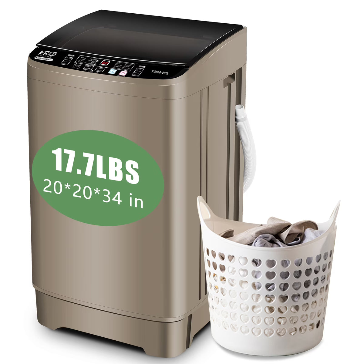 Krib Bling Full Automatic Washing Machine with LED Display, 17.7 lbs Portable Washer with Drain Pump, 10 Washing Programs & 8 Water Levels, Ideal for Camping, Apartment, Dorm, Grey