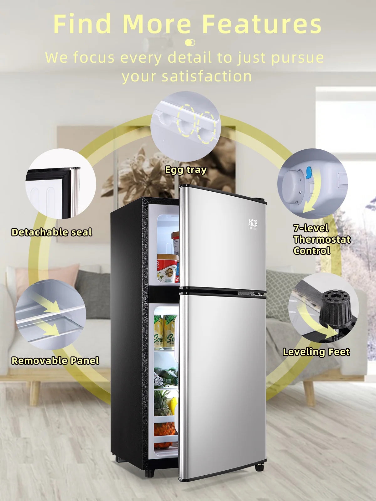 Krib B Compact Refrigerator 3.5 Cu.ft, Mini Fridge with Freezer, Modern Fridge with Dual Door, 7 Grade Temperature Adjustment, Silver