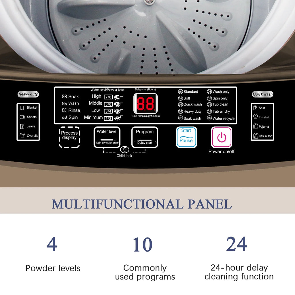 Krib Bling Full Automatic Washing Machine with LED Display, 17.7 lbs Portable Washer with Drain Pump, 10 Washing Programs & 8 Water Levels, Ideal for Camping, Apartment, Dorm, Grey