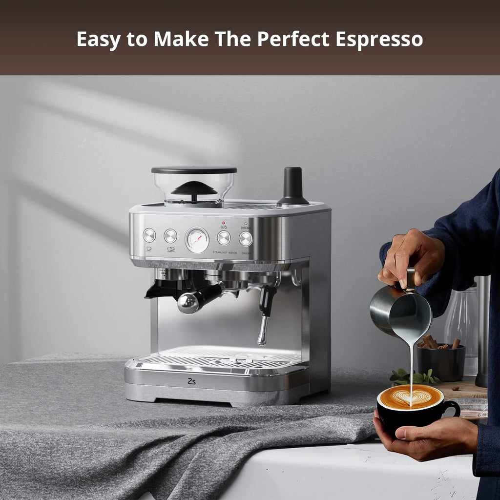 Towallmark All-In-One Espresso Machine with Milk Frother & Grinder - 15 Bar Automatic Coffee Maker with Italian ULKA Pump, 2.5L Water Tank, Brushed Stainless Steel for Home and Office