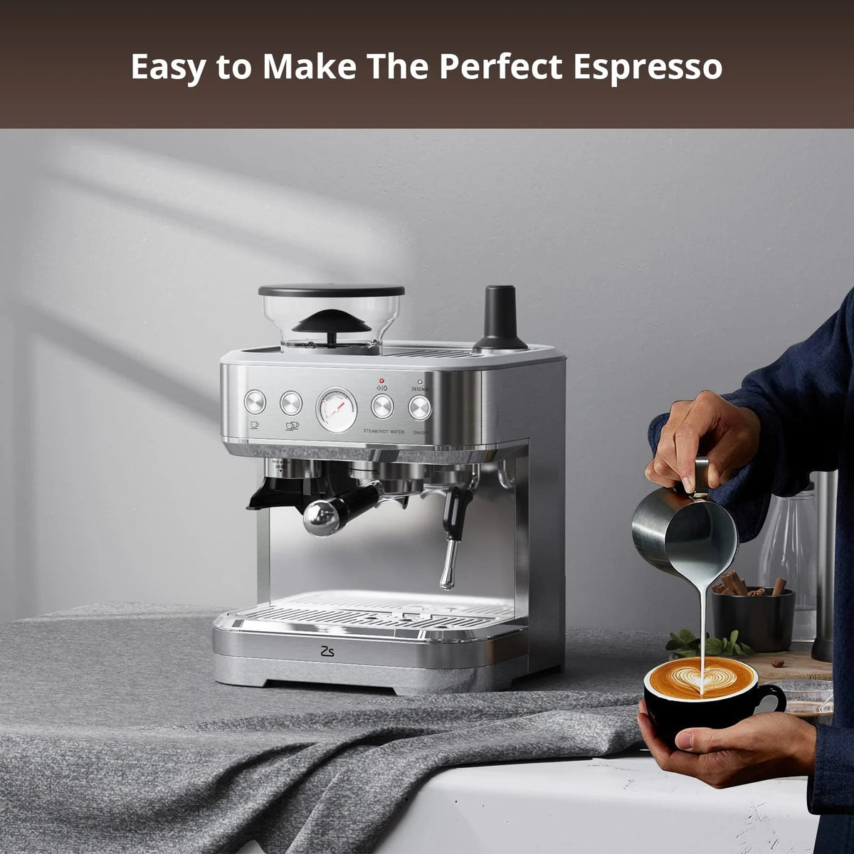 Towallmark All-In-One Espresso Machine with Milk Frother & Grinder - 15 Bar Automatic Coffee Maker with Italian ULKA Pump, 2.5L Water Tank, Brushed Stainless Steel for Home and Office