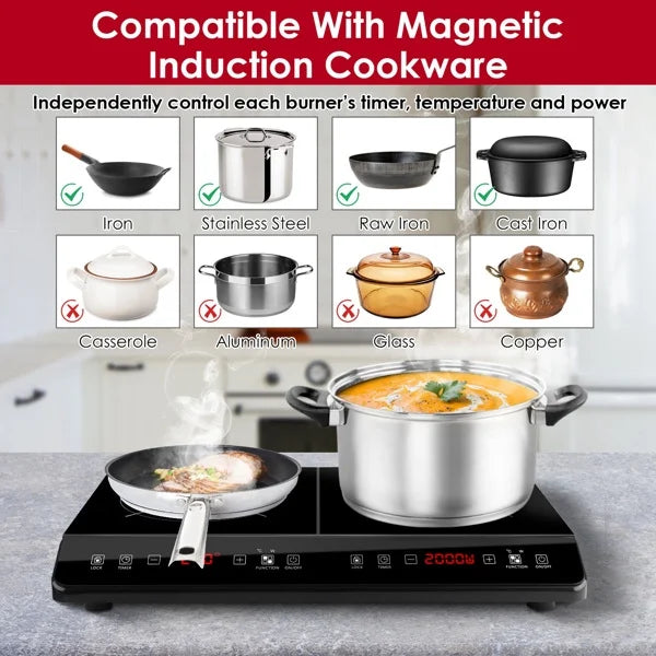 Dual Burner Induction Cooktop, 9 Power/Temperature Levels with Smart Timer, Safety Lock for Simmer/Fry/Boil