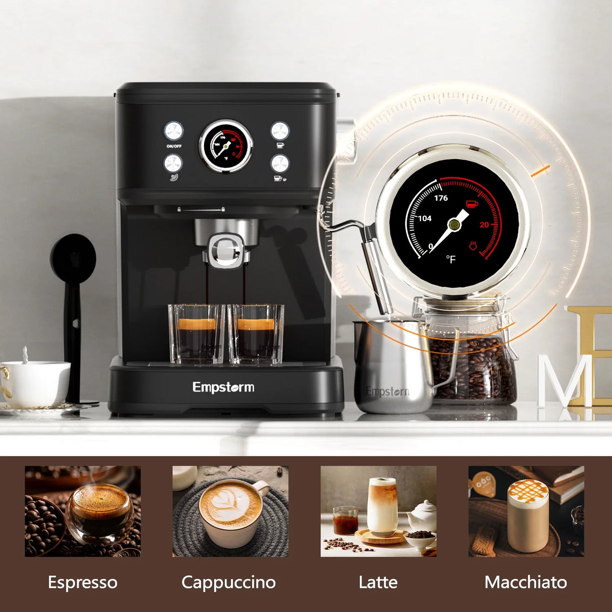 Empstorm 20 Bar Espresso Machine with Milk Frother Steam Wand, 3-in-1 Coffee Maker, Compatible with NS Pods, Stainless Steel, for Latte & Cappuccino, Beige