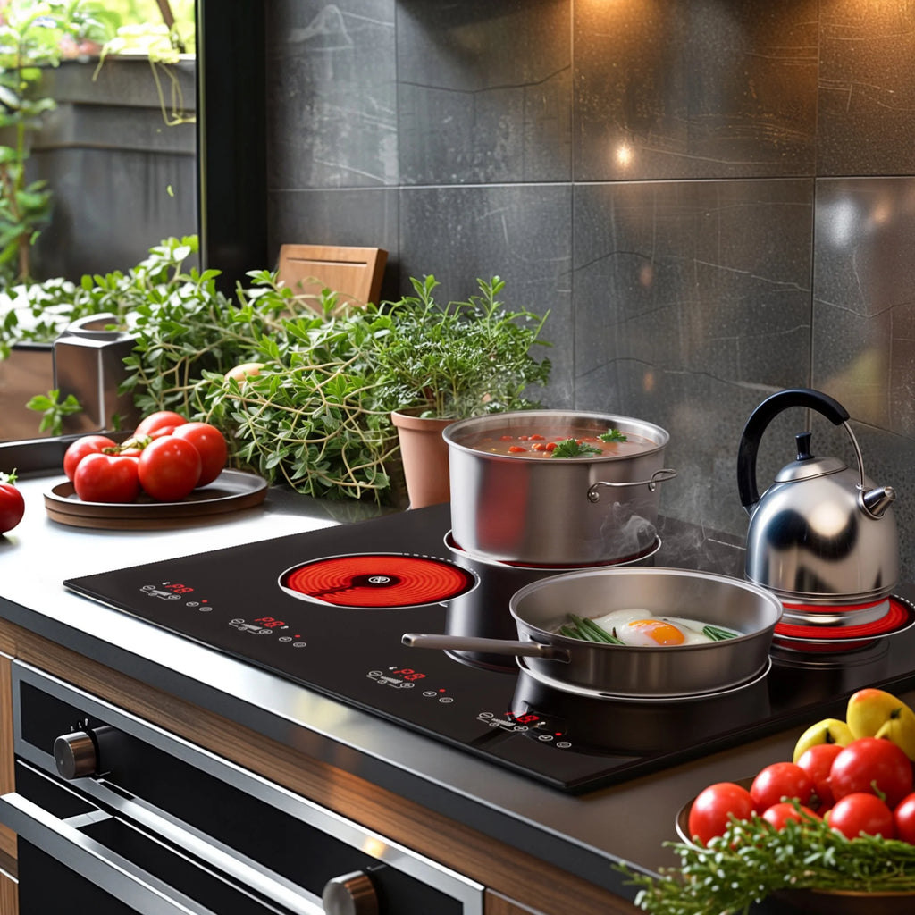 Advwin  4 Burner Electric Stove Top��24 Inch Built-in Electric Stove Top,6000W Electric Ceramic Cooktop with 4H Timer, Kid Safety Lock and Knob Control, 9 Heating Level,220v(No Plug)