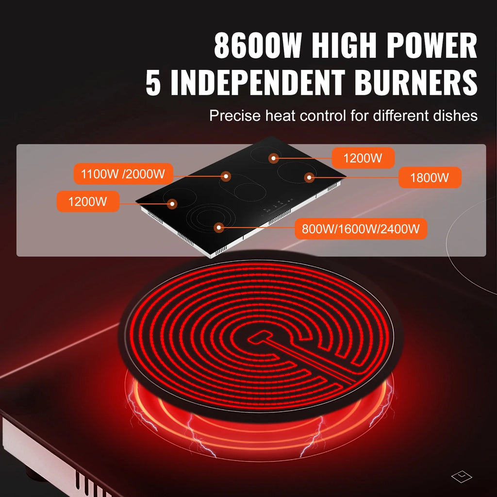 KFFKFF 5 Burner Electric Ceramic Cooktop, Built-in Countertop Burners, 36" Electric Range, 8600W, with Touch Control, Timer, Safety Lock, 9 Power Levels, 220-240V, Direct Wiring Required