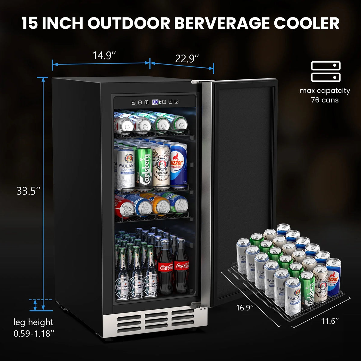 QAUSOU 24 Inch Under Counter Double Drawer Fridge, Weather Proof Stainless Steel Outdoor Beverage Refrigerator for Patio