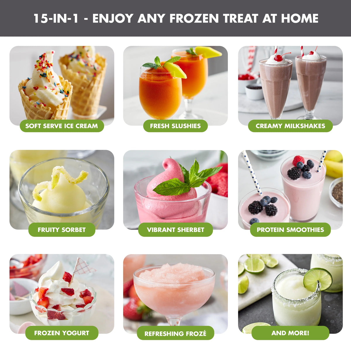 GreenPan Frost 6 Mode, Ice Cream, Frozen Drink, Slushie & Milk Shake Maker, No Freezer Needed, Easy Clean Parts, Gray