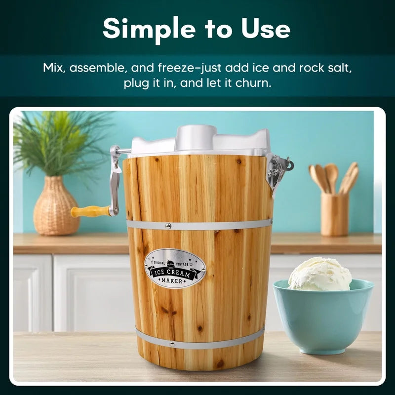 Elite Cuisine EIM569 6Qt. Old Fashioned Pine Bucket Ice Cream Maker with Hand Crank