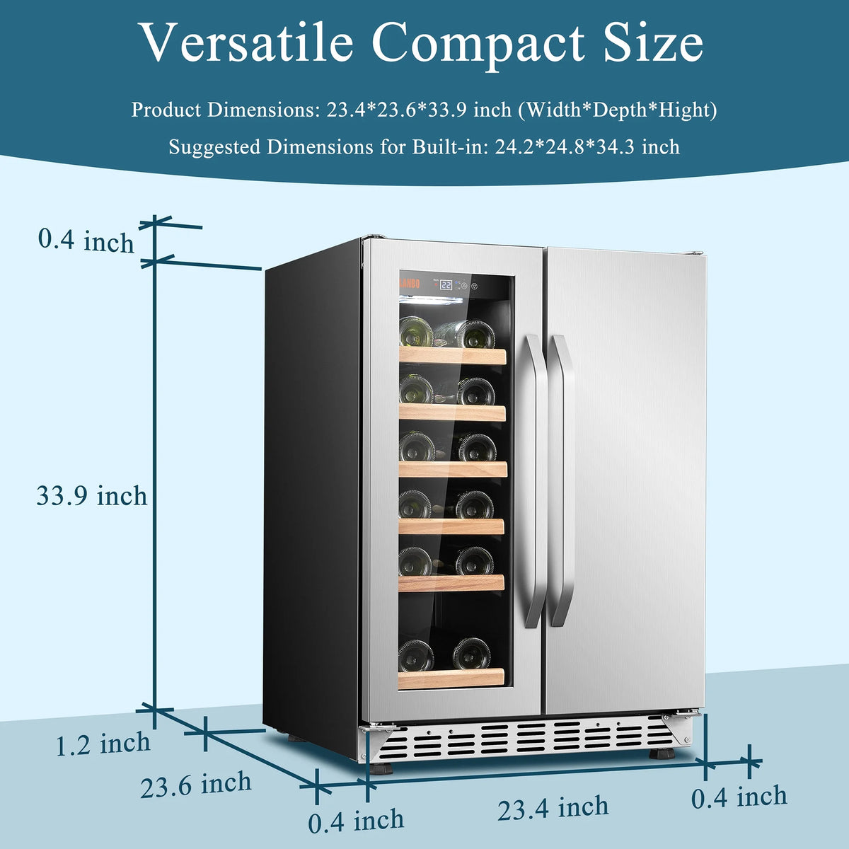 Lanbo 24 inch Dual Zone 18 Bottle Wine and 55 Can Beverage Cooler with French Door