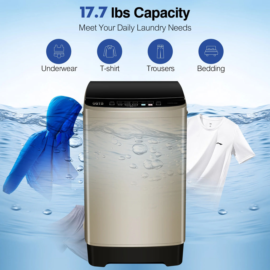 GGTB Portable Washing Machine for Apartments, 17.7 lbs Full Automatic Clothes Washer Machine,1.9 Cu.ft Top Load Washer with 10 Wash Programs/8 Water Levels, Coffee Gold