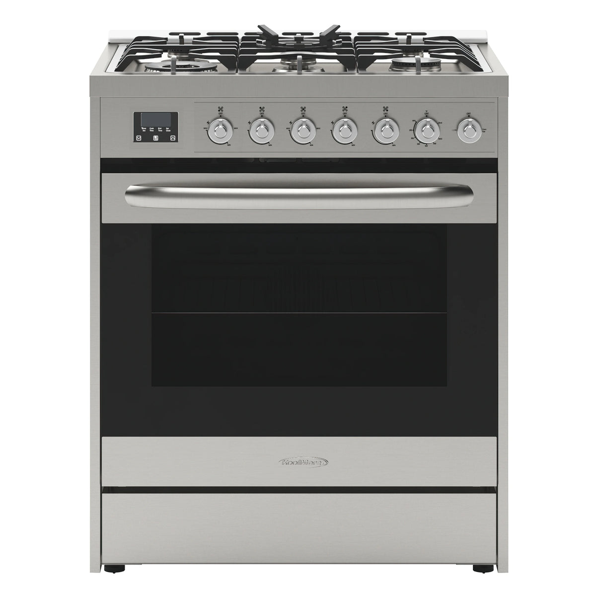 30�� Inch Professional Gas Range Stove with 5 Burner Cooktop, Rapid Convection Oven, and Digital Timer with Heavy-Duty Cast Iron Grates, Stainless-Steel Appliance, Silver