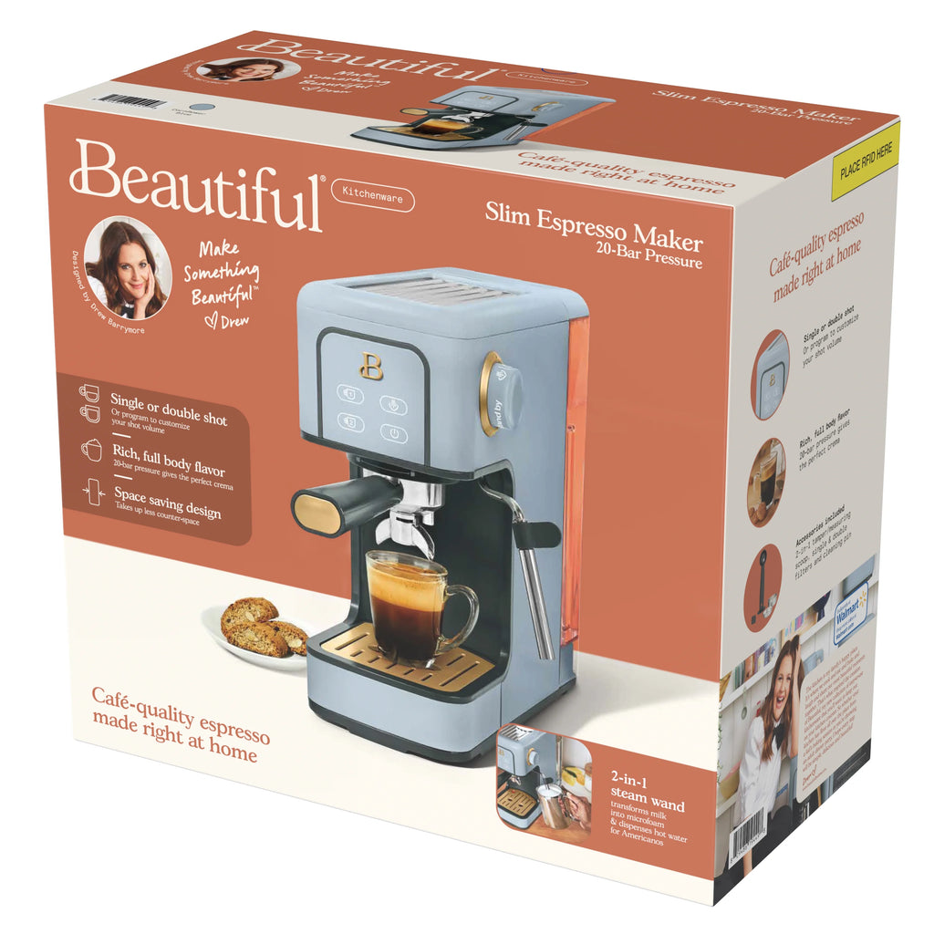 Beautiful Slim Espresso Machine with 20-Bar Pressure, Black Sesame by Drew Barrymore