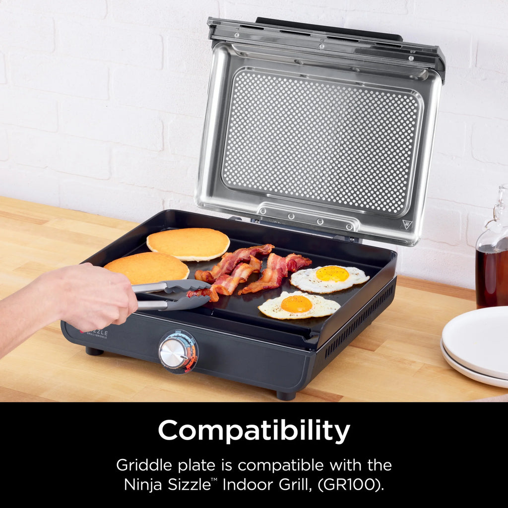 Ninja Sizzle Indoor Grill, 14'' Nonstick Grill Plate, Dishwasher-Safe Removable Mesh Lid, Even Edge-to-Edge Cooking, Black/Silver, GR100