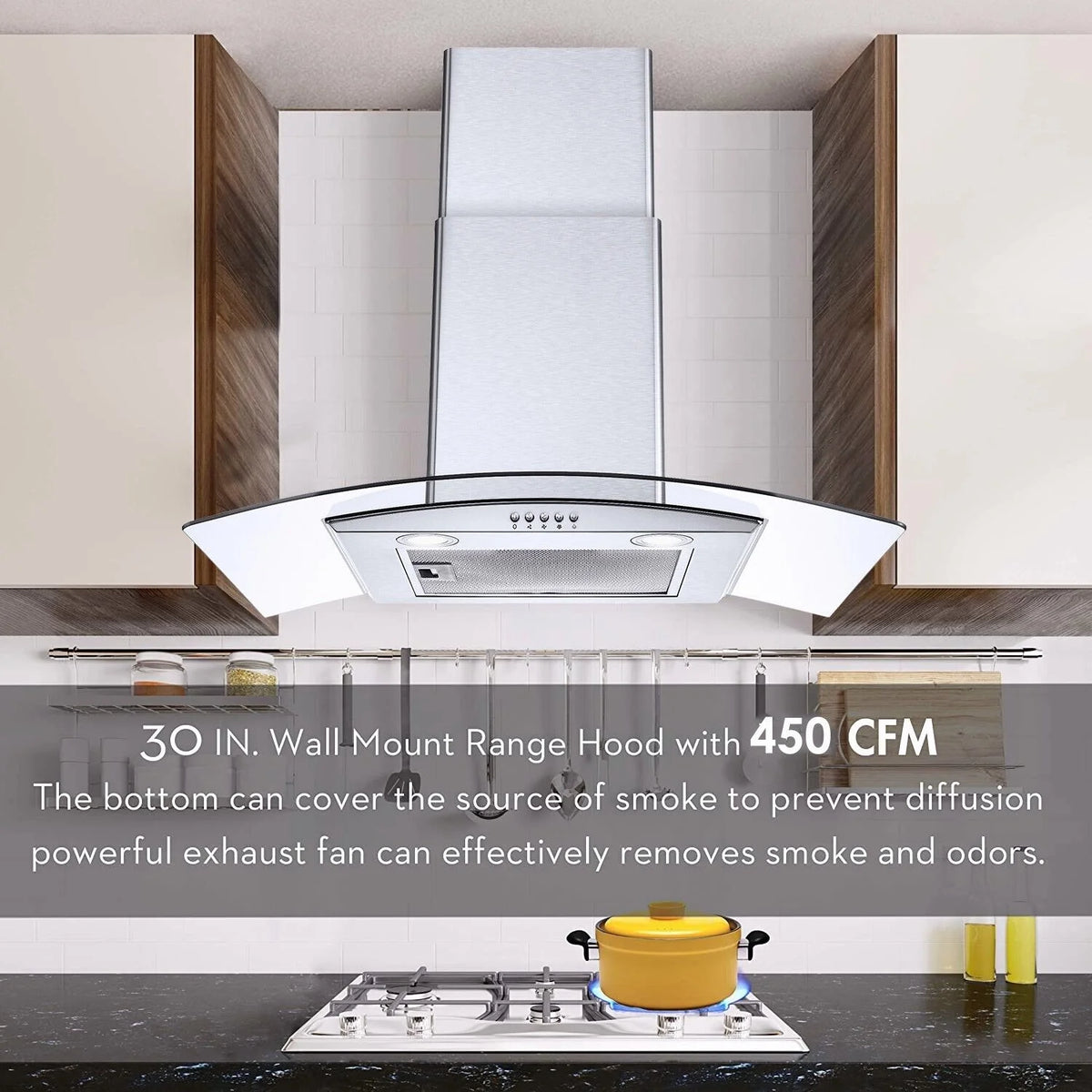 30 inch Kitchen Stainless Wall Mount Range Hood 450CFM Stainless 3-Speed with Led Bulb Dishwasher Filter For Burner 120V
