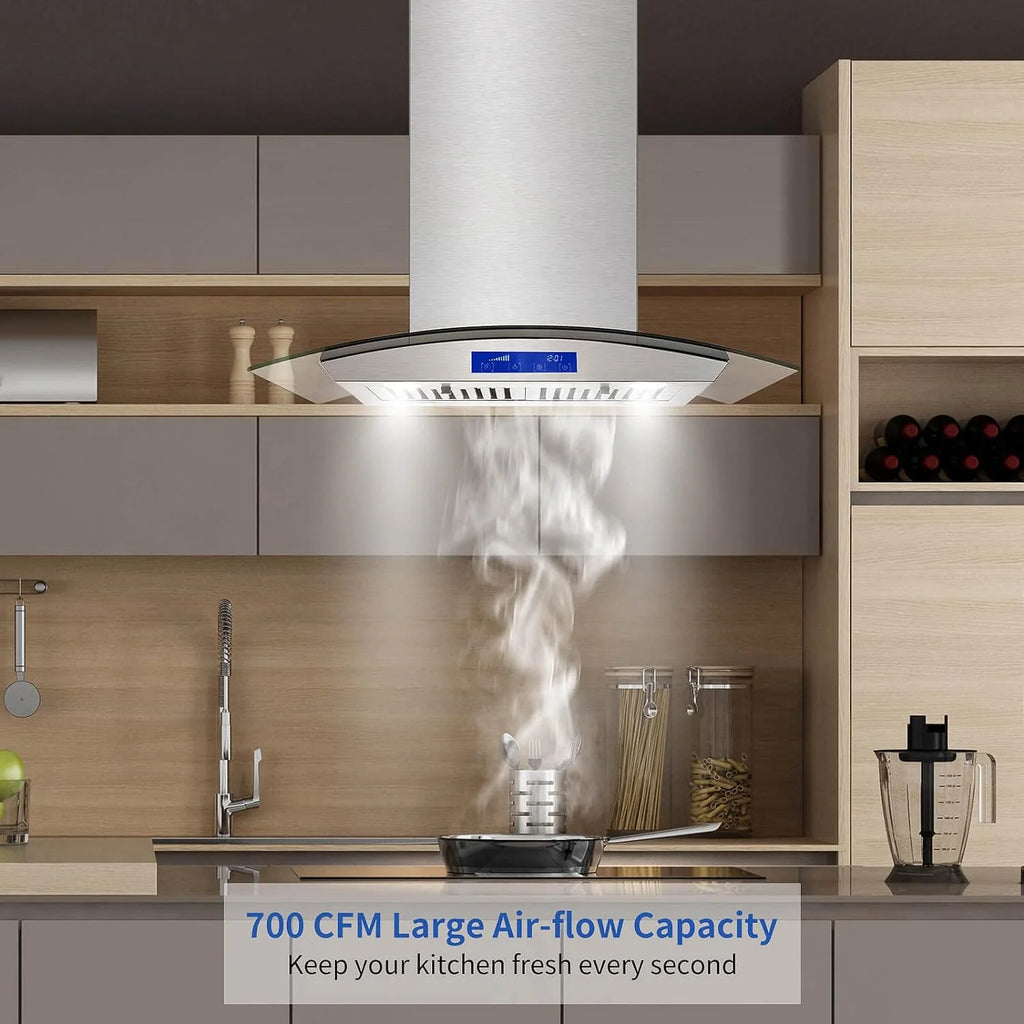 Island Range Hood 30 Inch 700 CFM Ceiling Mount Stainless Steel Kitchen Vent Hood Touch Screen Control Kitchen Exhaust Hood Ducted Ductless Convertible 3-speed Ventilation Fan