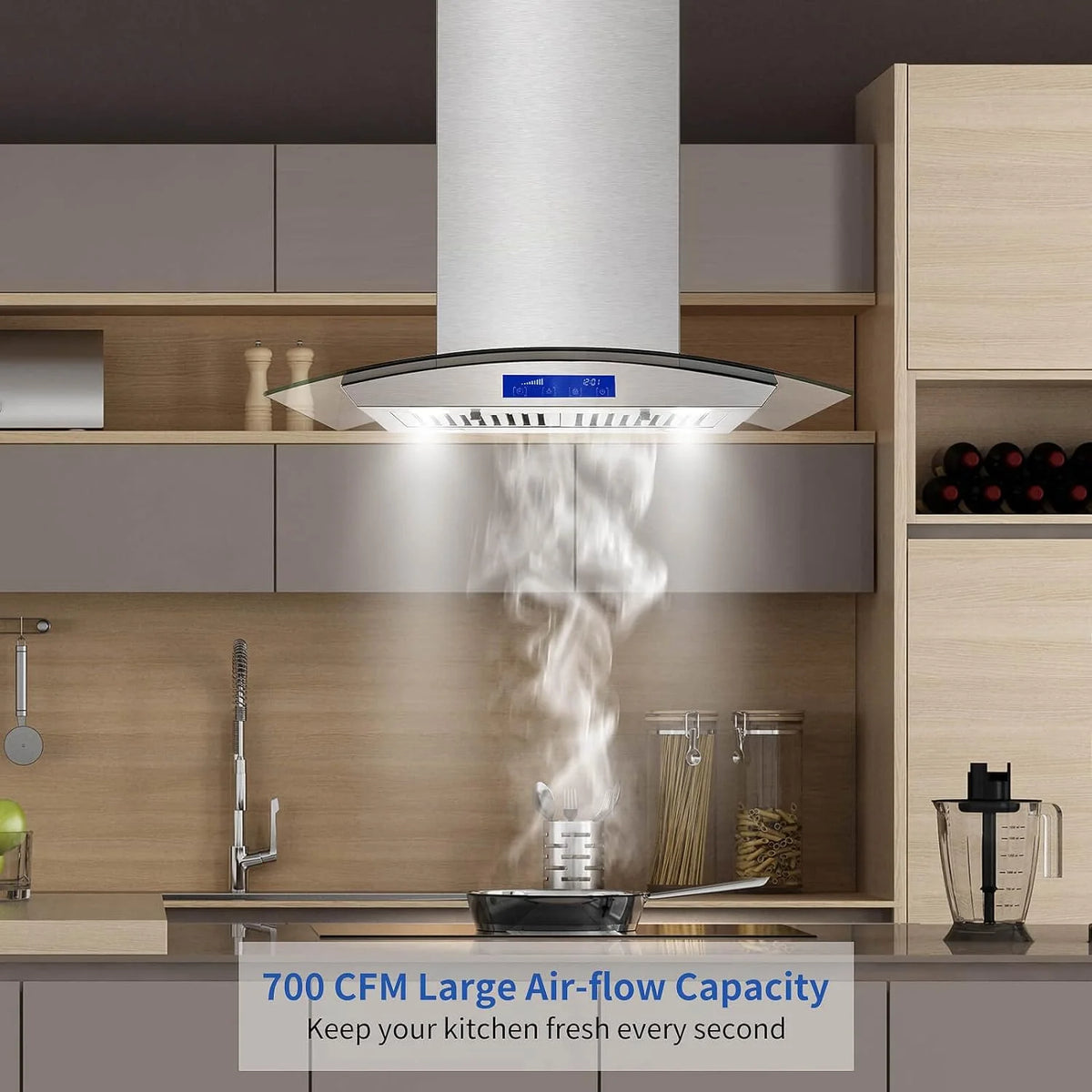 Island Range Hood 30 Inch 700 CFM Ceiling Mount Stainless Steel Kitchen Vent Hood Touch Screen Control Kitchen Exhaust Hood Ducted Ductless Convertible 3-speed Ventilation Fan