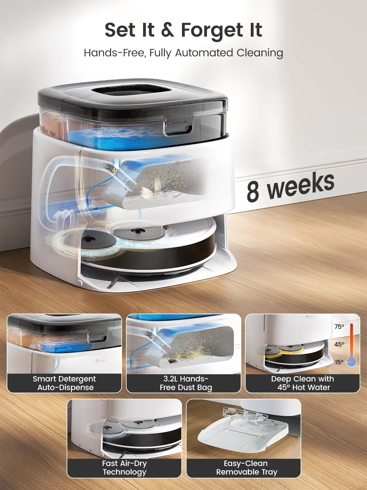 Lefant M3 Robot Vacuum and Mop, 12,000Pa Suction, All-in-One Base Station, Anti-Tangle Brushes & Dual Spinning Mop, 113��F Hot Water Auto Mop Washing & Cool Air Drying, Self-Emptying & Refilling