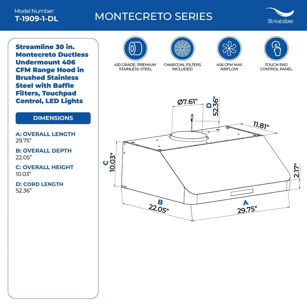 Streamline 30 in. Montecreto Ductless Undermount 406 CFM Range Hood in Brushed Stainless Steel with Baffle Filters, Touchpad Control, LED Lights