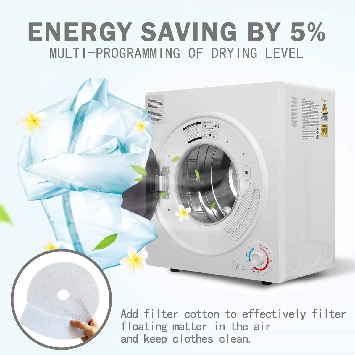 CTT 3.5 Cu. Ft. Clothes Dryer, 1500W Electric Dryers for Clothes, Electric Clothes Dryer with Stainless Steel Drumble for 13.2 lbs. with 4 Automatic Drying Modes (White)