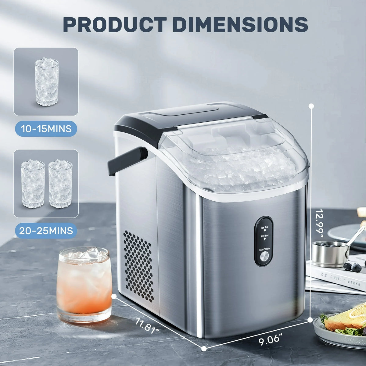 Auseo SS Nugget Countertop Ice Maker with Soft Chewable Ice, 35Lbs/24H, Self-Cleaning, Ice Scoop, Stainless Steel Silver, for Kitchen/Office/Party