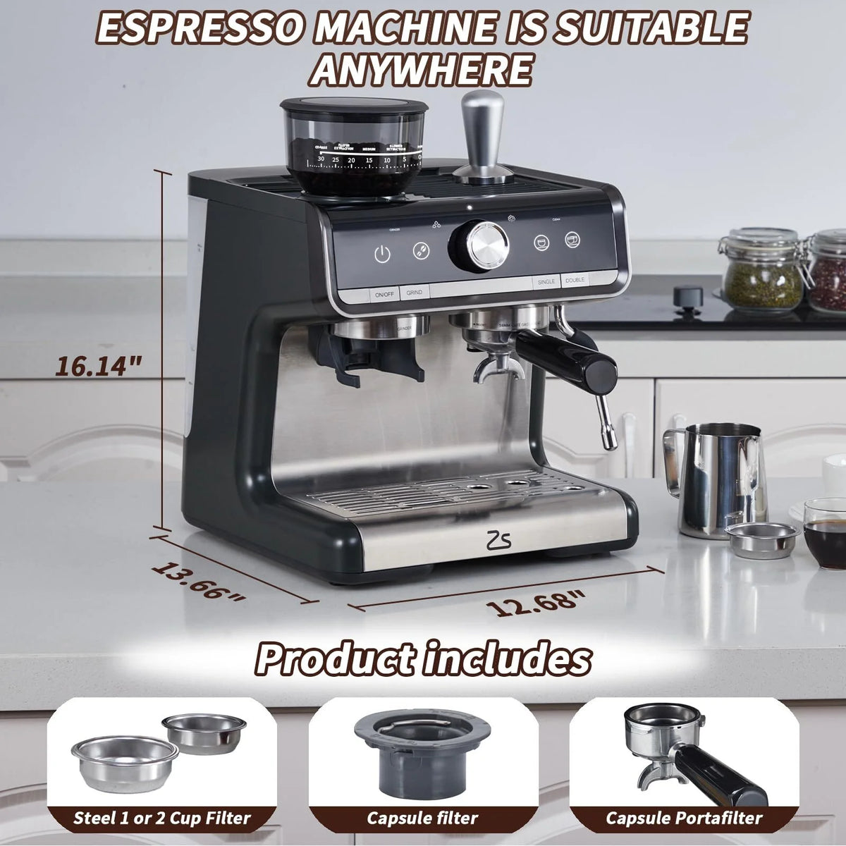 RIEDHOFF Semi-Automatic Espresso Machine with Grinder, Professional Espresso Maker with Milk Frother Steam Wand, 20 Bar Barista Cappuccino Machine