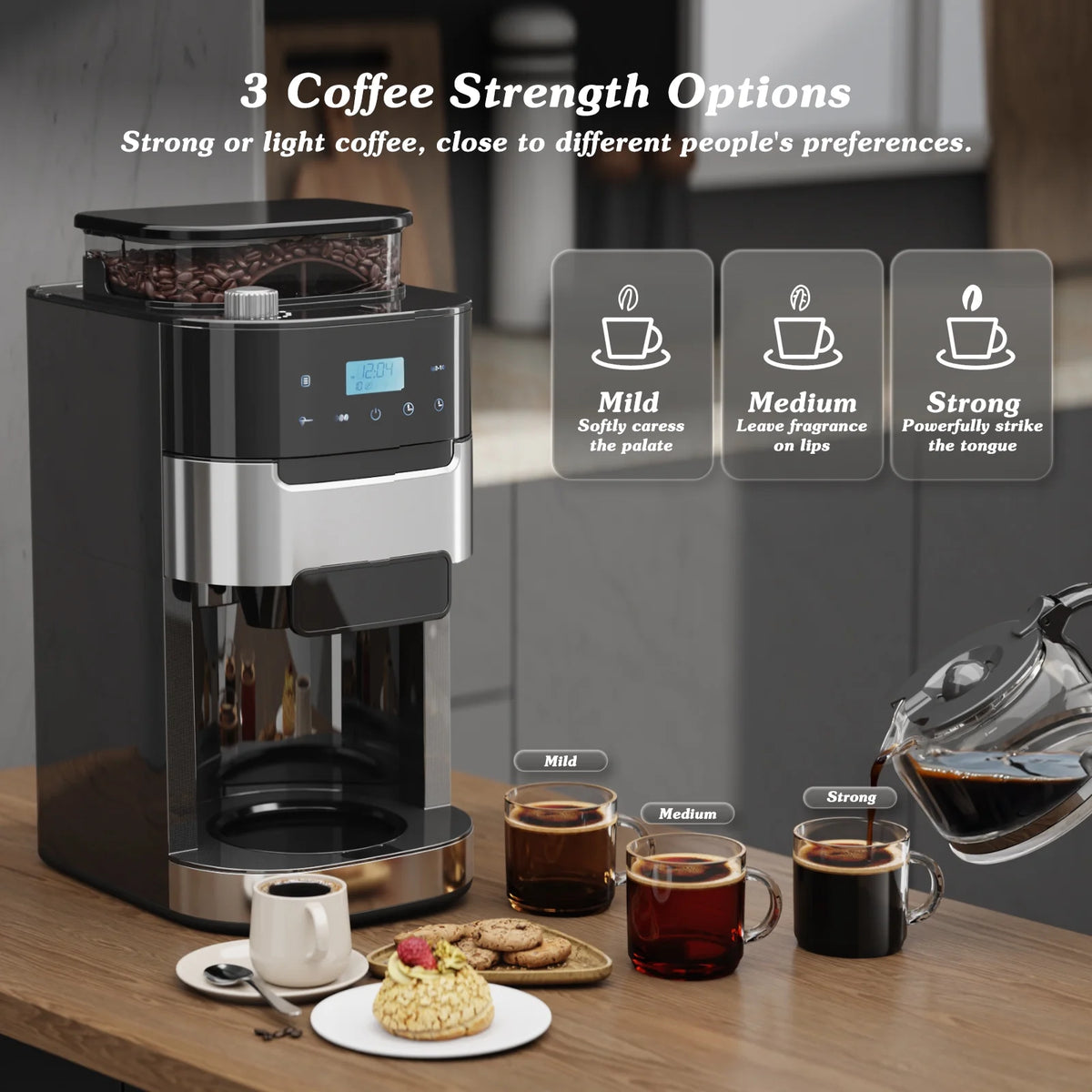 Auseo 10-Cup Drip Coffee Maker with Grinder, Grind and Brew Coffee Maker, 12-Hour Timer, 3 Brew Strength Options, Touch Screen, 1.5L Water Tank, Black