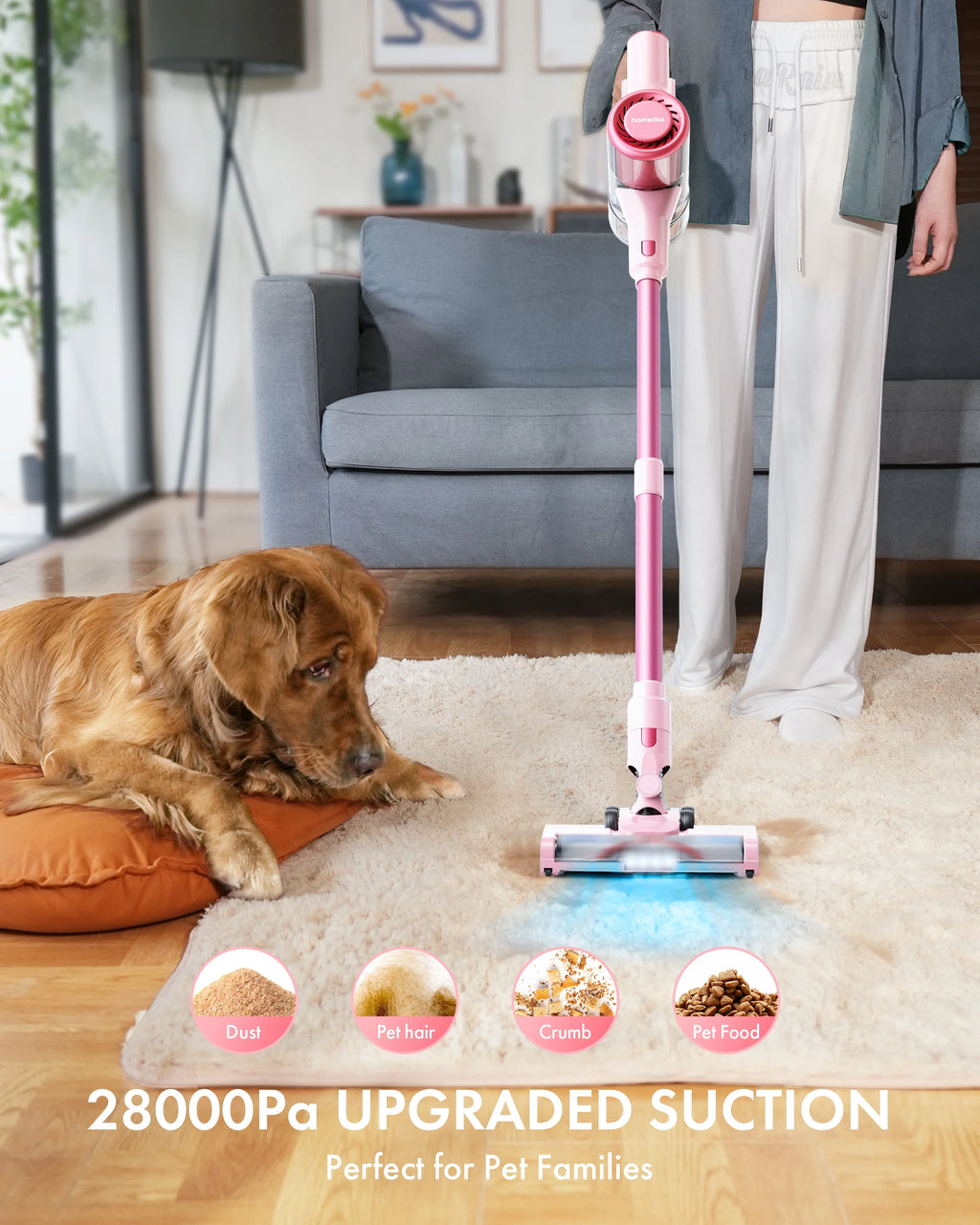 Homeika H320 Cordless Vacuum Cleaner, 28KPA Powerful Suction 8-in-1 Multi-Tool 55min Runtime LED Motorized Brush One-Click Dust Emptying for Pet Hair and Allergies,Pink