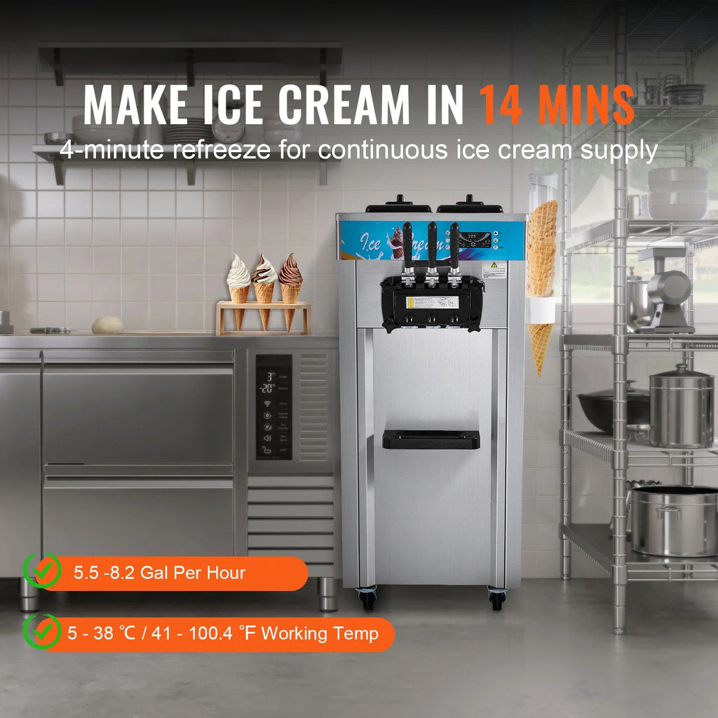 KFFKFF 3-Flavor Commercial Ice Cream Machine 21-31 L/H Soft Serve Ice Cream Maker 2 5.5L*2 Cylinder LED Panel and Auto Clean