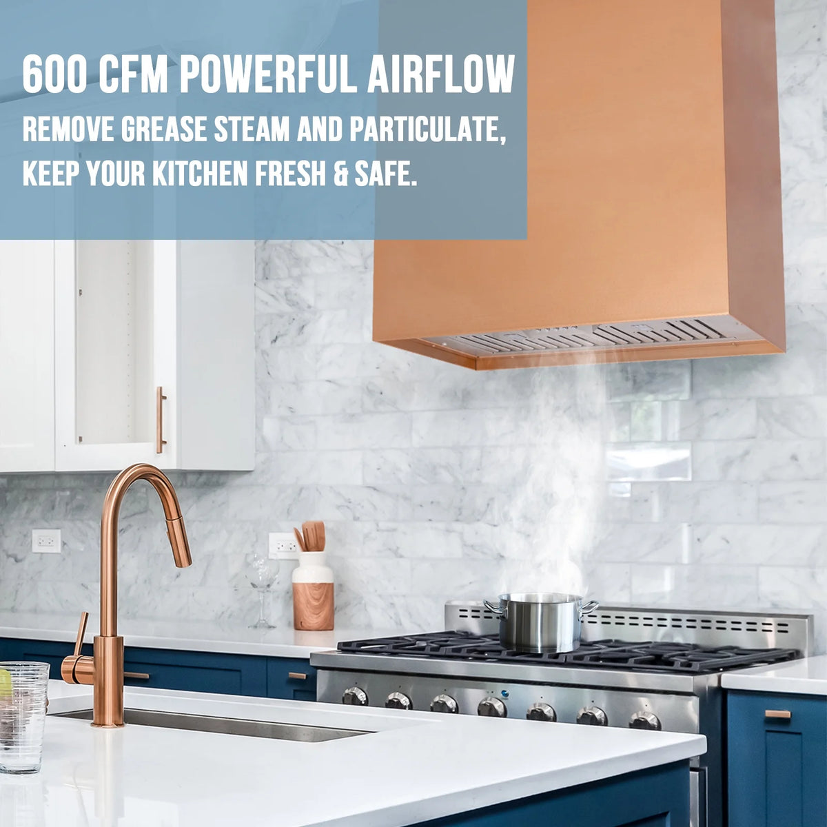 Akicon Stainless Steel Range Hood, Modern Box Kitchen Hood with Powerful Vent Motor, Wall Mount, 30��W*30��H*14D, Signal White