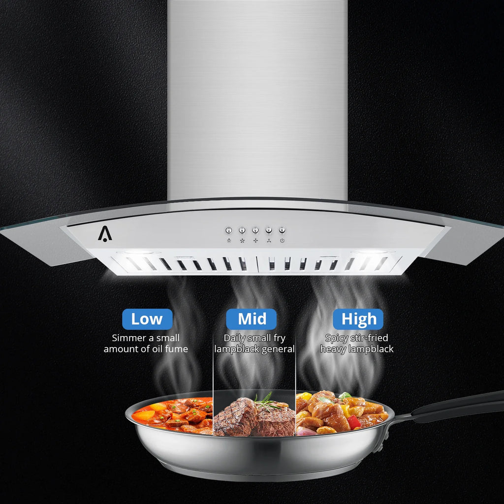 STRELECT 30 Inch Curved Glass Range Hood, 400 CFM Ductless/Ducted Convertible Stove Vent Hood with Chimney, 3 Speed Fan, LED Light, Button Control Vent Hood for Stove Kitchen