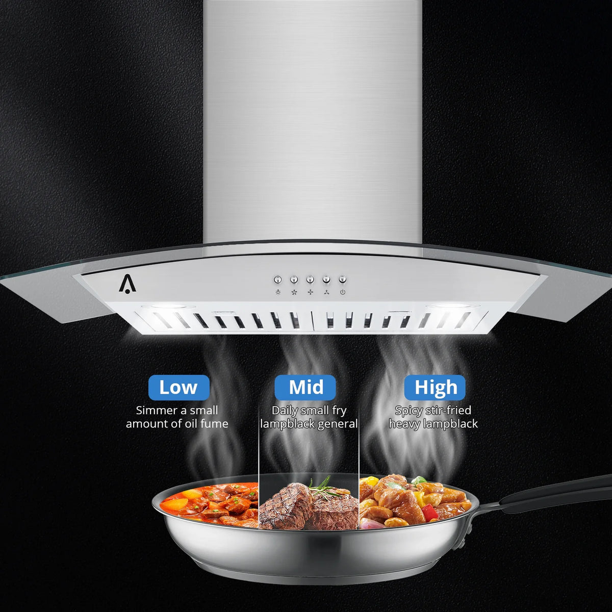 STRELECT 30 Inch Curved Glass Range Hood, 400 CFM Ductless/Ducted Convertible Stove Vent Hood with Chimney, 3 Speed Fan, LED Light, Button Control Vent Hood for Stove Kitchen