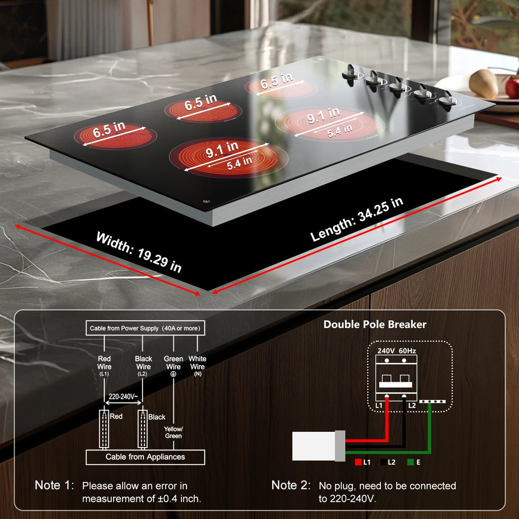 5 Burner Electric Stove, Sunmaki 36 inch Built-in Electric Cooktop 8900W Power Control by Knob for Home/Restaurant, 220V-240V