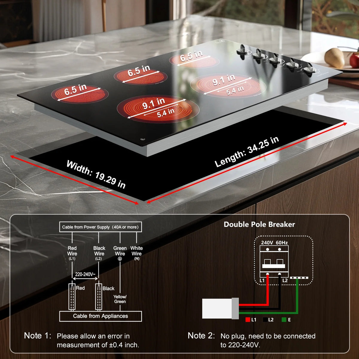 5 Burner Electric Stove, Sunmaki 36 inch Built-in Electric Cooktop 8900W Power Control by Knob for Home/Restaurant, 220V-240V