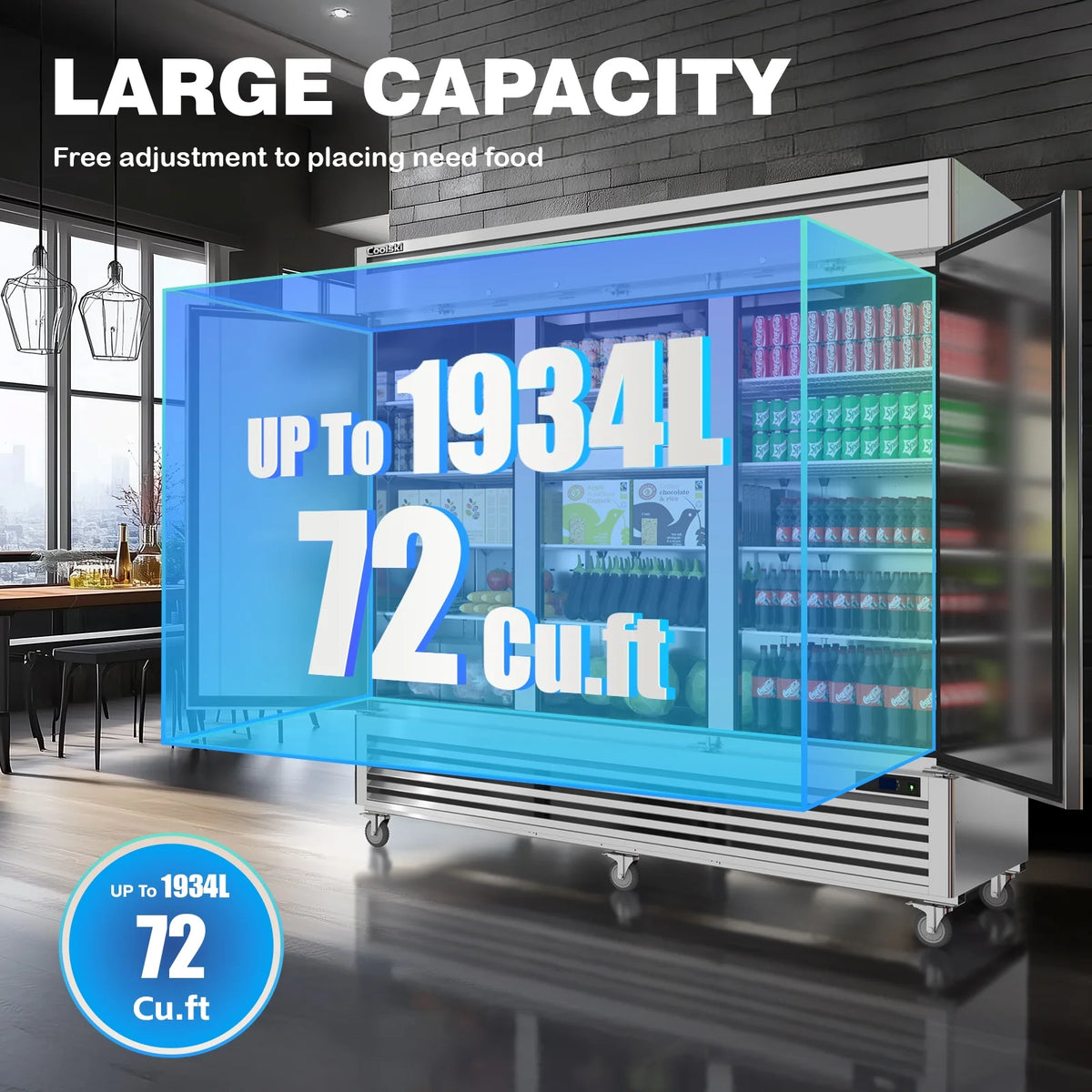 Coolski 82" W Commercial Freezer 72 Cu.ft 3 Door Reach-in Stainless Steel Commercial Freezer