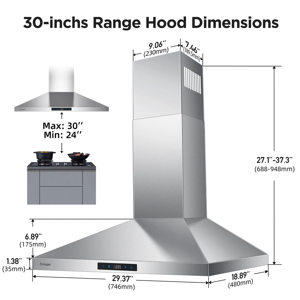 "Joeaonz 30"" Wall Mount Range Hood 450CFM Stainless Steel Kitchen Exhaust Vent with 3-Speed Filters, LED Lights"